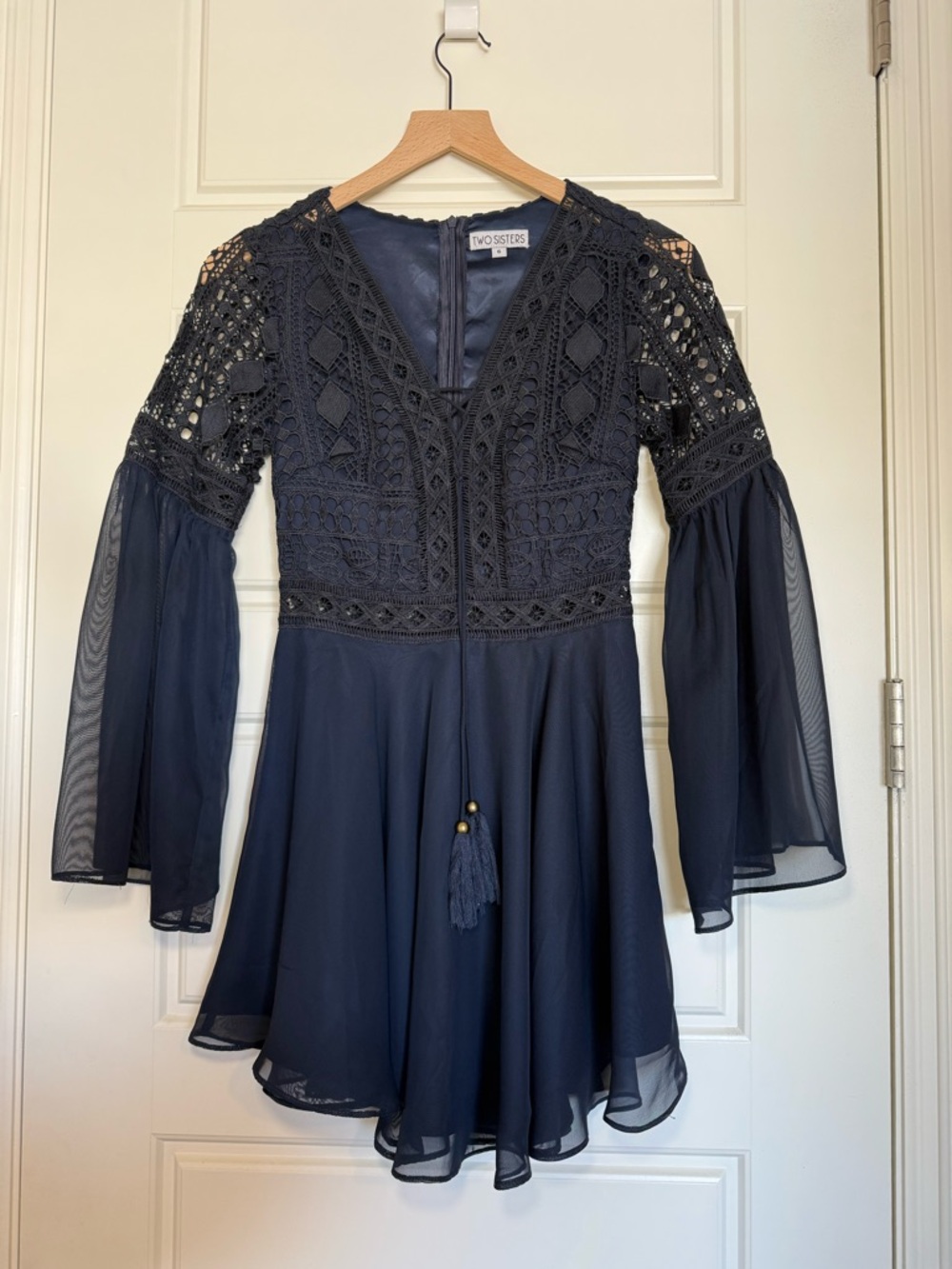 Navy Blue Crochet Lace Festival Sheer Sleeve Dress | NWOT